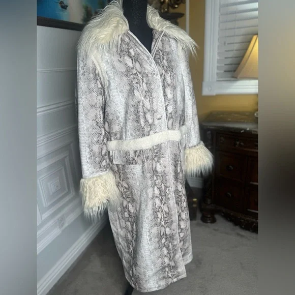 Nasty Gal Womens Snake Print Shearling Trim Longline Aviator Coat - Picture 8 of 12